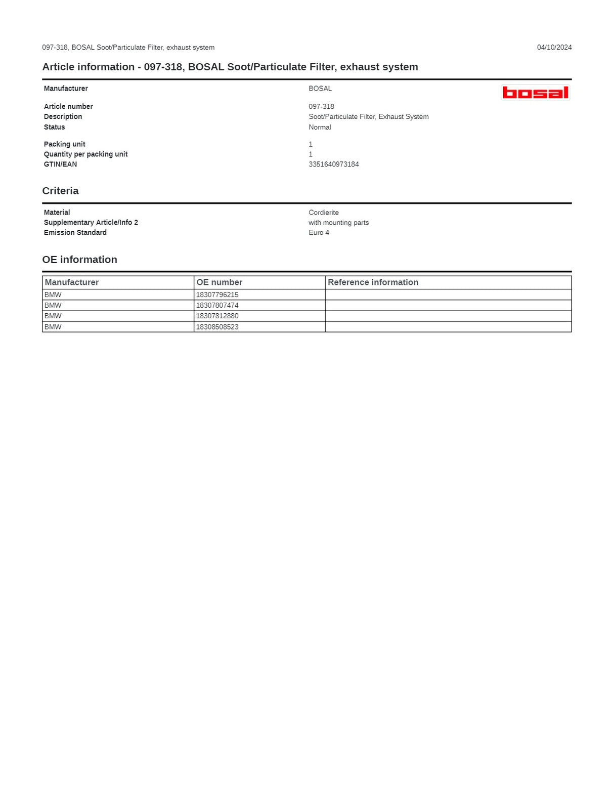 Bosal - BMW X E70 M57 Twin turbo DPF Diesel Particulate Filter