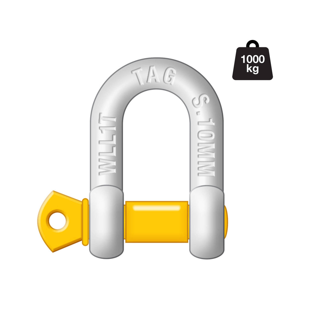 TAG - D-SHACKLE - 10MM THICK 1000KG, Carbon Steel, Galvanised BULK PACKED