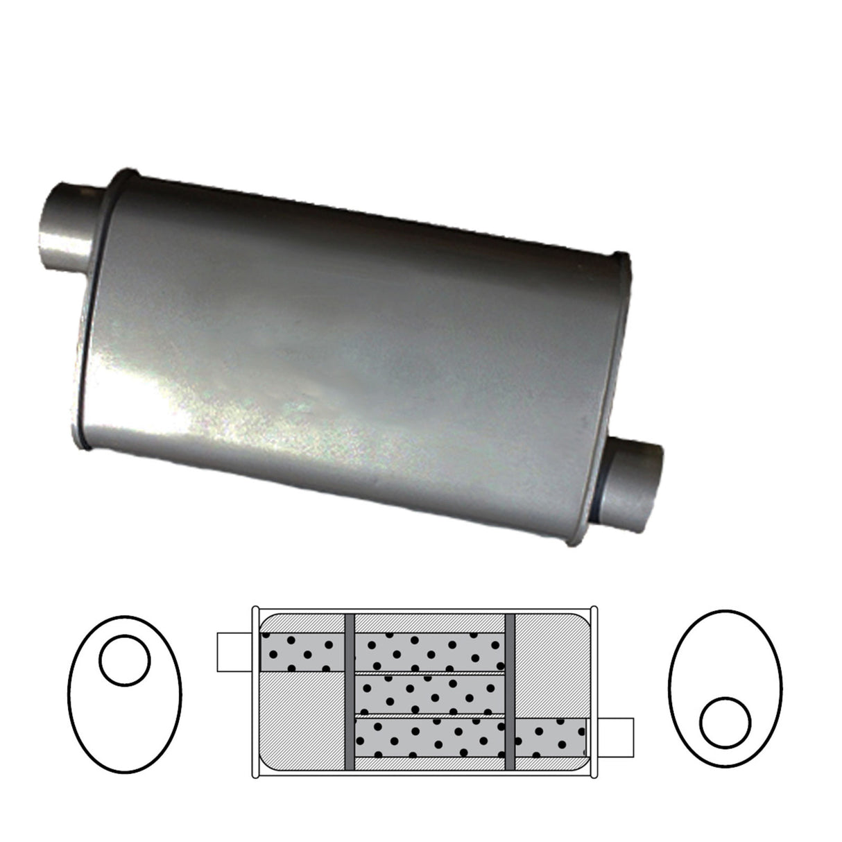 Redback 2 1/4" Triflow Universal Muffler Offset/Offset 355x254x101mm Oval Aluminised Steel Glass Packed