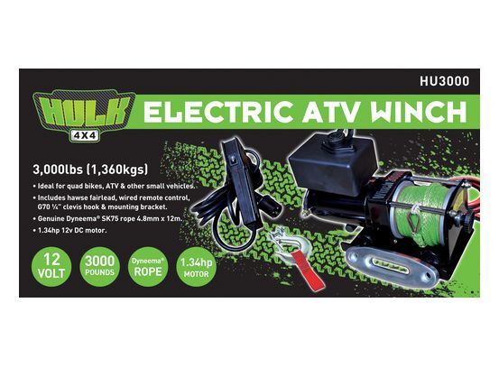 Hulk 4X4 - ELECTRIC ATV WINCH 3000lbs 12v DYNEEMA ROPE REMOTE CONTROL