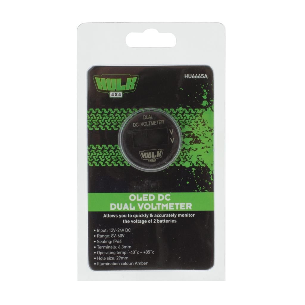 Hulk 4X4 - OLED DUAL VOLTMETER 5-60v DC 29mm DIA AMBER OLED