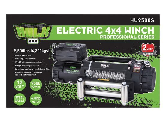 Hulk 4X4 - ELEC WINCH 12v PROFESSIONAL SERIES 9500lbs STEEL CABLE