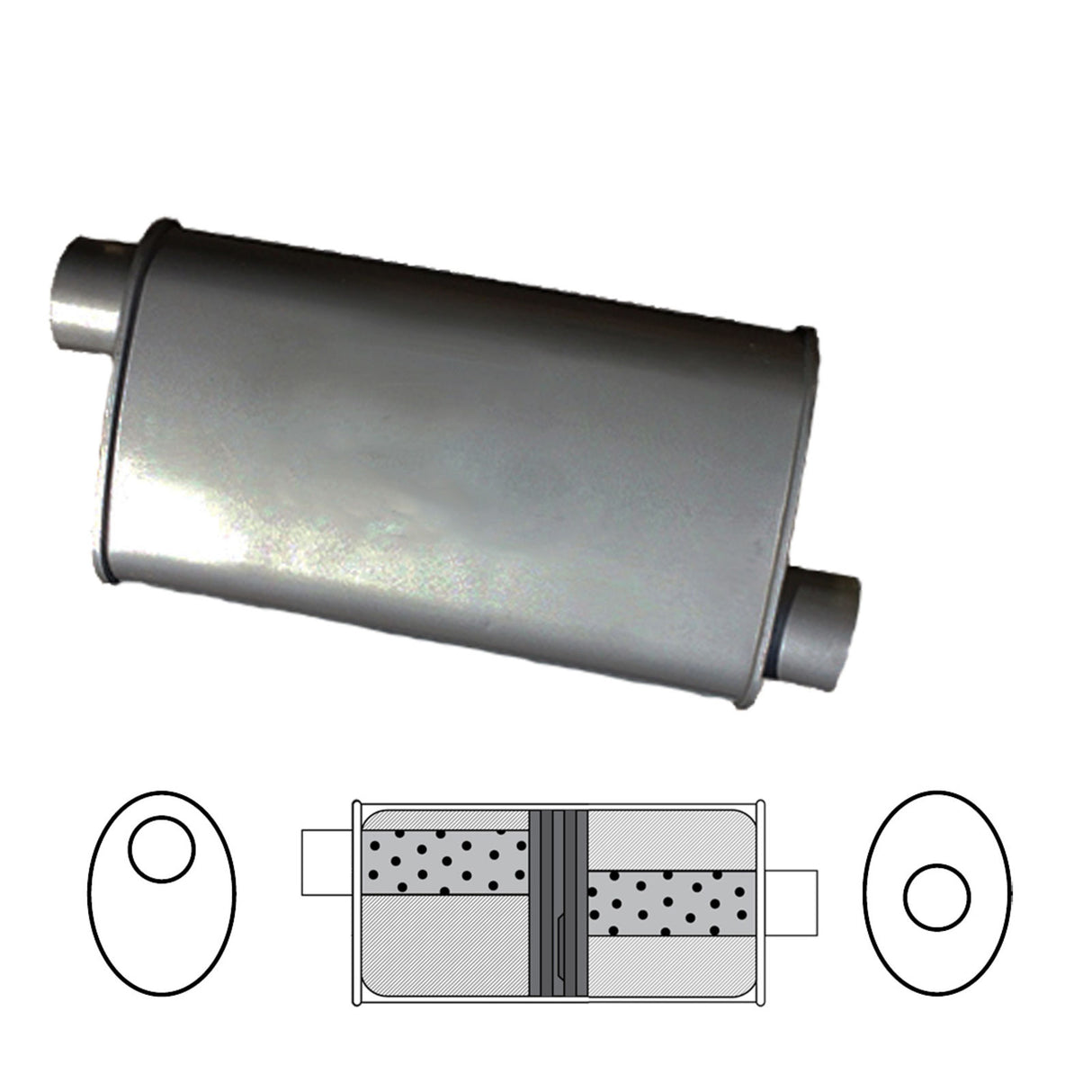 Redback - 2 1/4" Baffled Universal Muffler Offset/Centre 355x203x101mm Oval Aluminised Steel Glass Packed