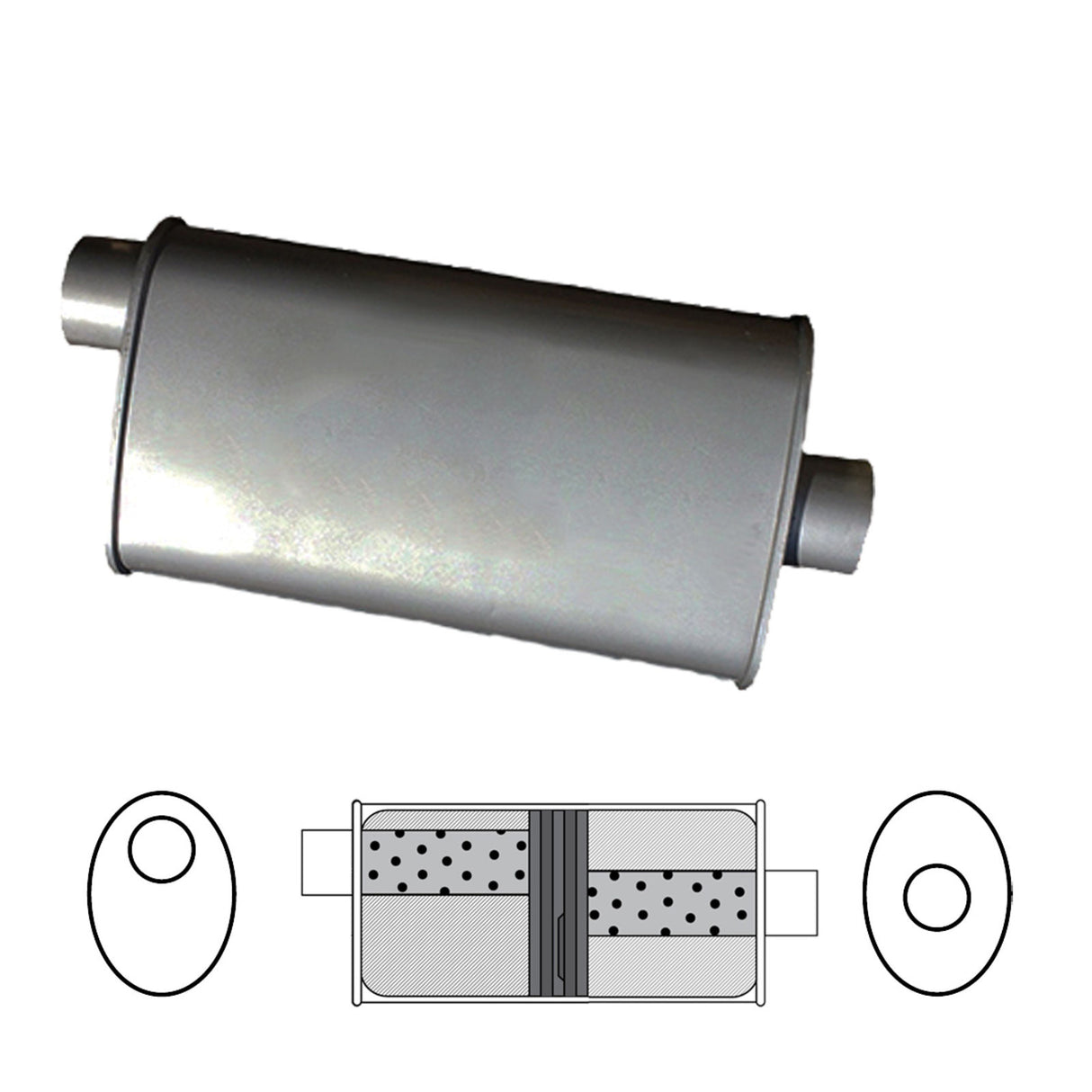 Redback - 2 1/2" Baffled Universal Muffler Offset/Centre 355x203x101mm Oval Aluminised