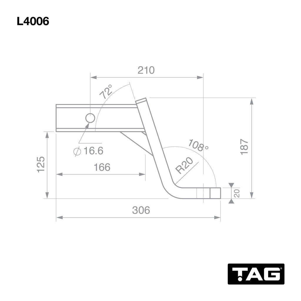 TAG - Tow Ball Mount - 210mm Long, 108° Face, 50mm Square Hitch