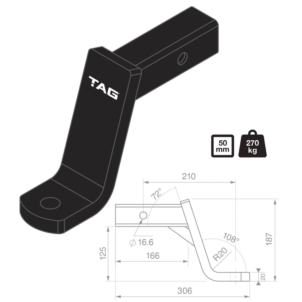 TAG - Tow Ball Mount - 210mm Long, 108° Face, 50mm Square Hitch
