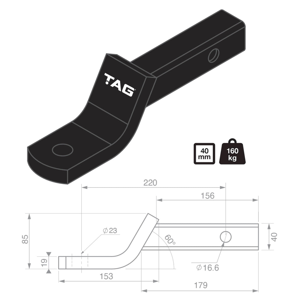 TAG - Tow Ball Mount - 220mm Long, 135° Face, 40mm Square Hitch