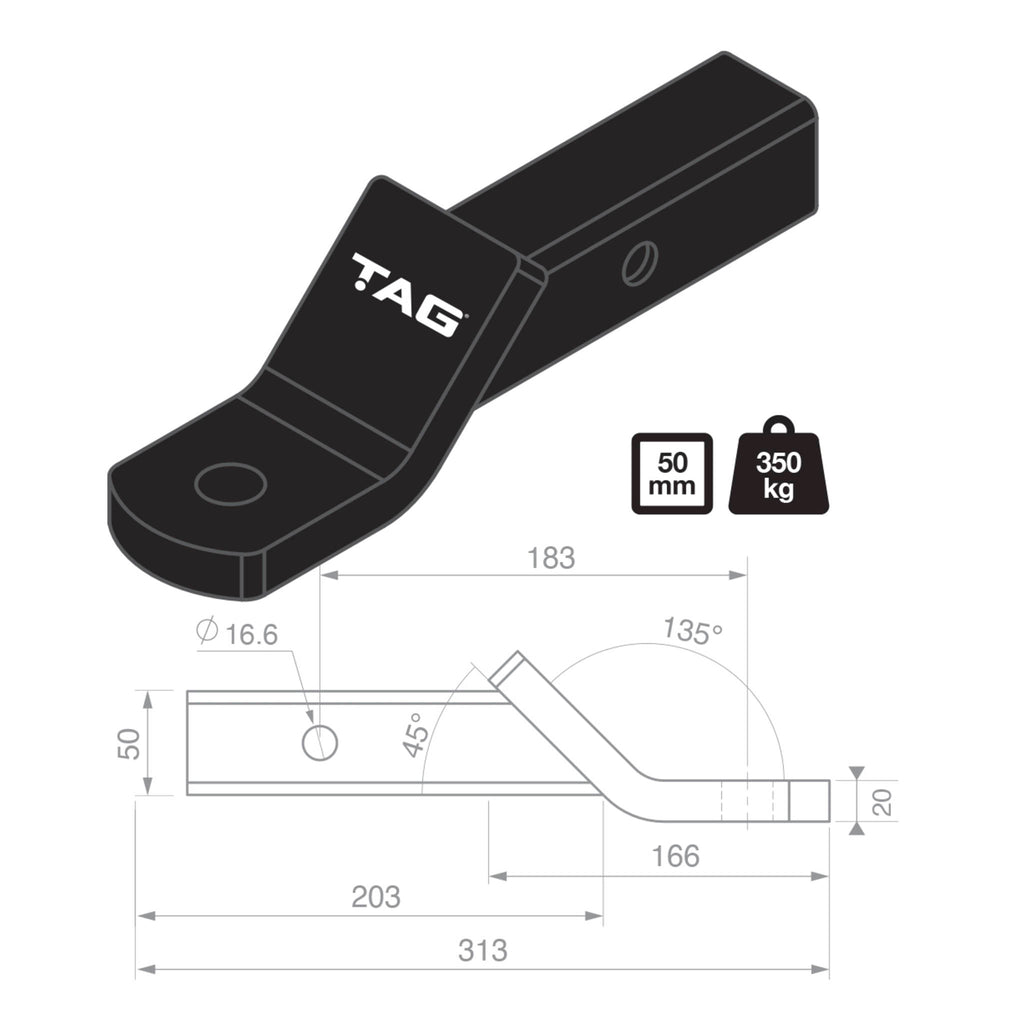 TAG - Tow Ball Mount - 183mm Long, 135° Face, 50mm Square Hitch