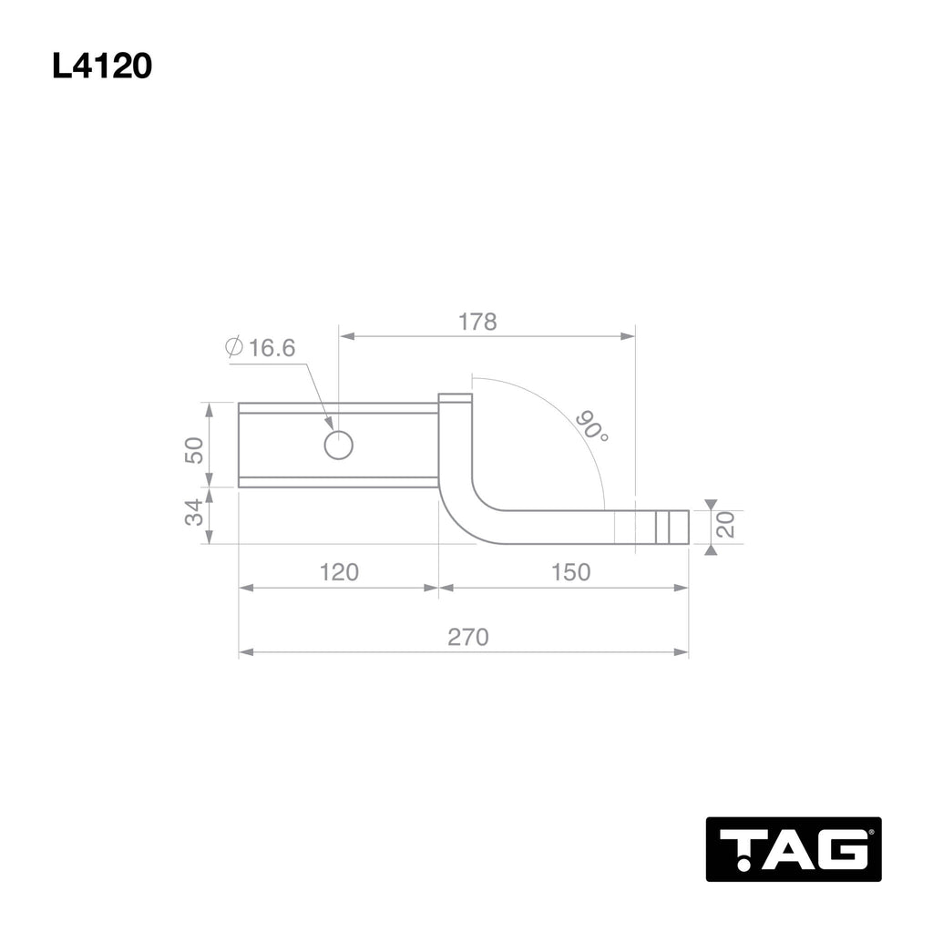 TAG - Tow Ball Mount - 178mm Long, 90° Tongue Face, 50mm Square Hitch