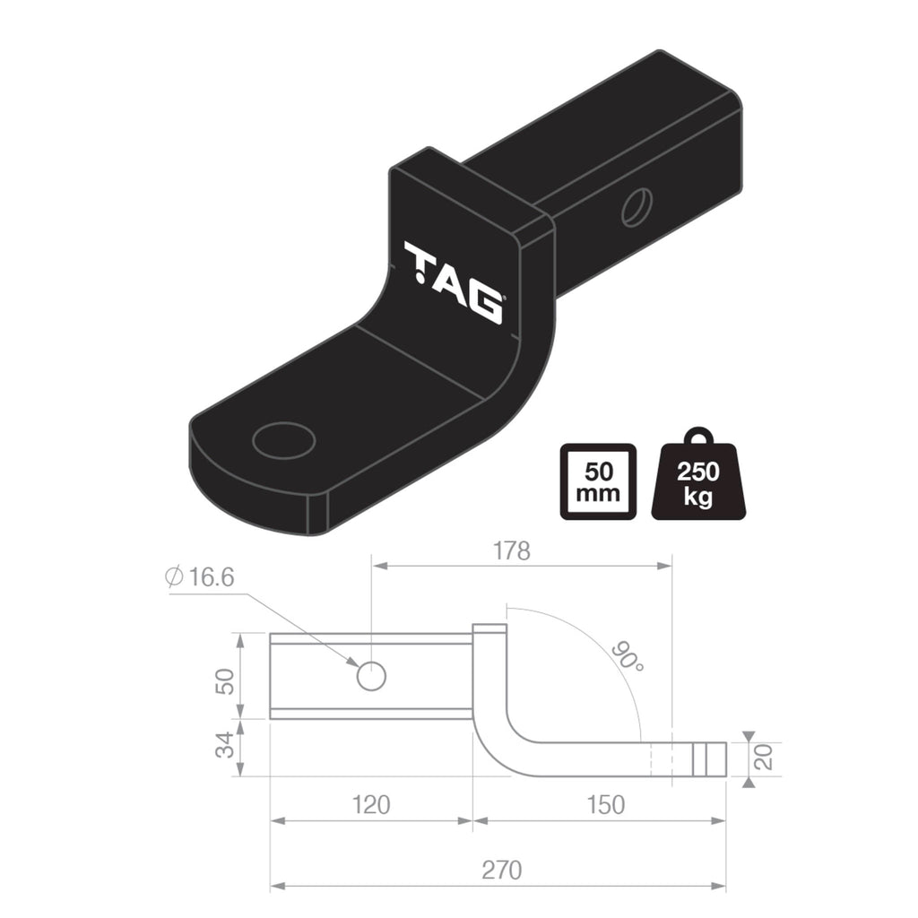 TAG - Tow Ball Mount - 178mm Long, 90° Tongue Face, 50mm Square Hitch