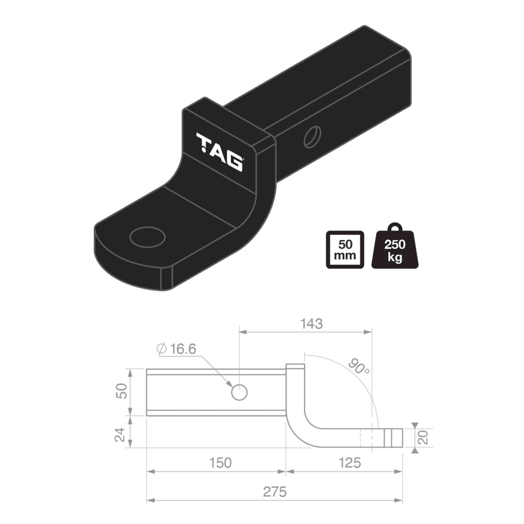 TAG - Tow Ball Mount - 143mm Long, 90° Face, 50mm Square Hitch