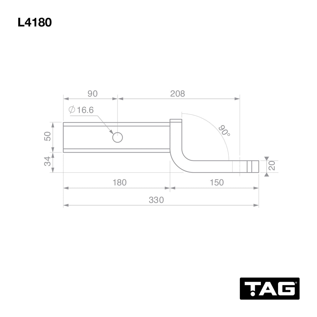 TAG - Tow Ball Mount 208mm Long 90° Face 50mm Square Hitch
