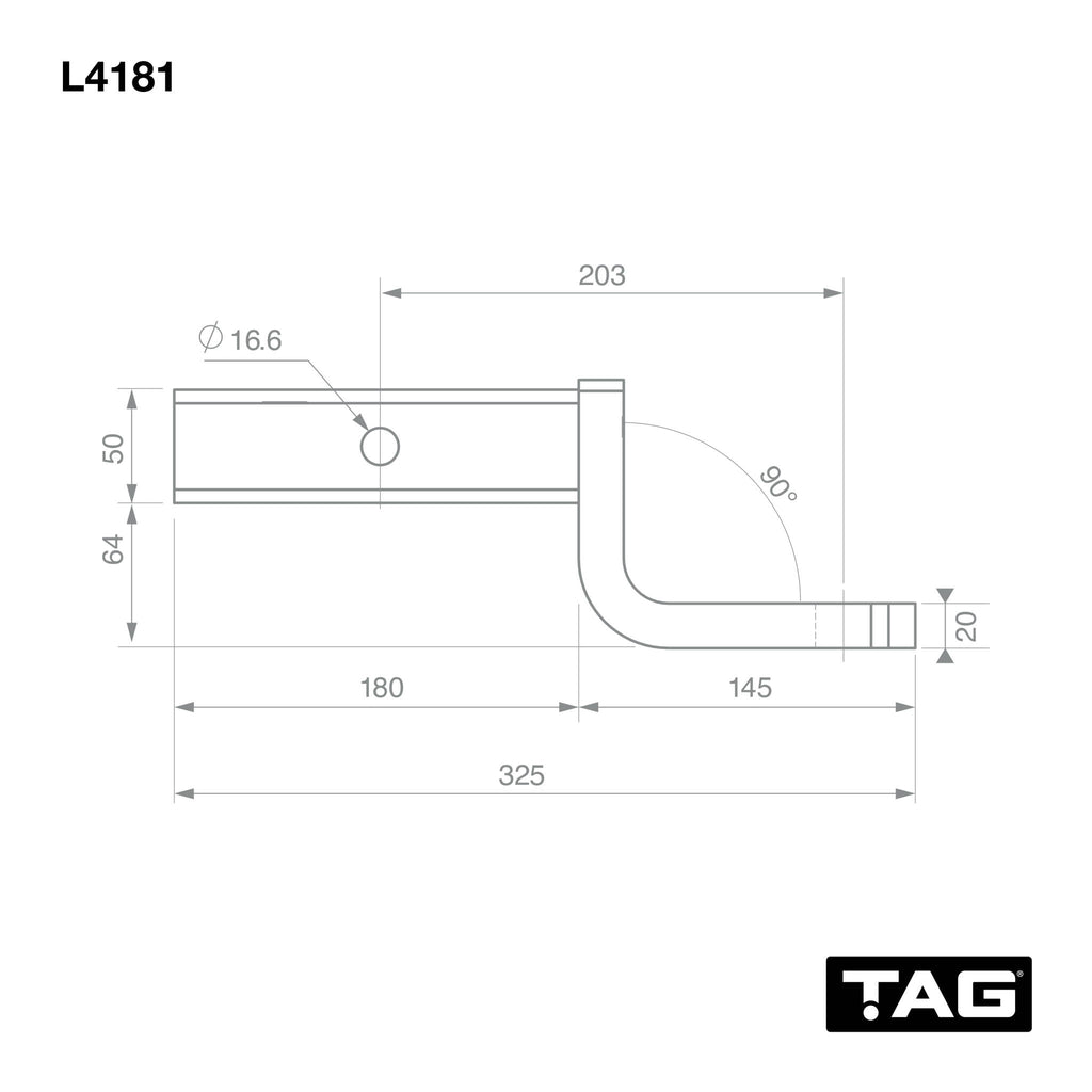 TAG - Tow Ball Mount - 203mm Long, 90° Face, 50mm Square Hitch