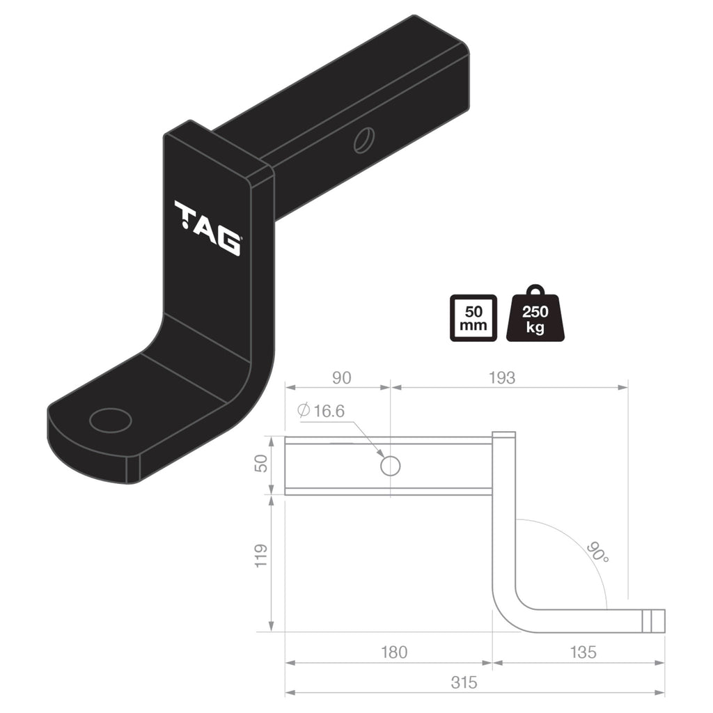 TAG - Tow Ball Mount - 193mm Long, 90° Face, 50mm Square Hitch