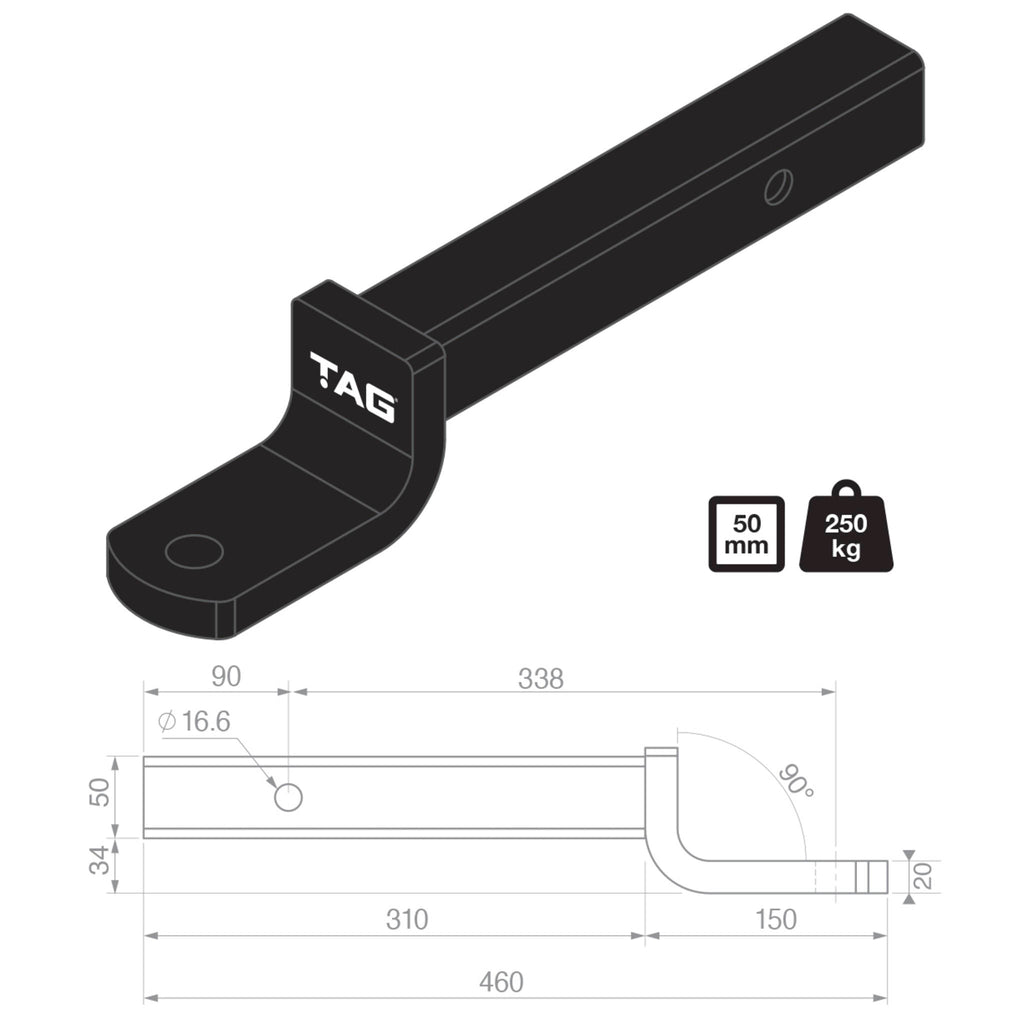 TAG - Tow Ball Mount - 338mm Long, 90°Face, 50mm Square Hitch