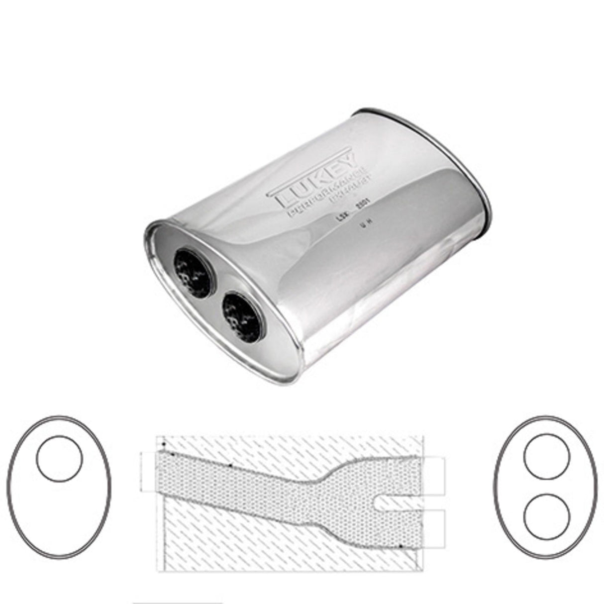 Lukey - 2 1/2" ID - Oval Muffler - 14" Long x 10" Wide x 5 1/4" High - Offset / Dual 2 1/4" Offset Exits - Megaflow Glass Packed - Stainless Steel