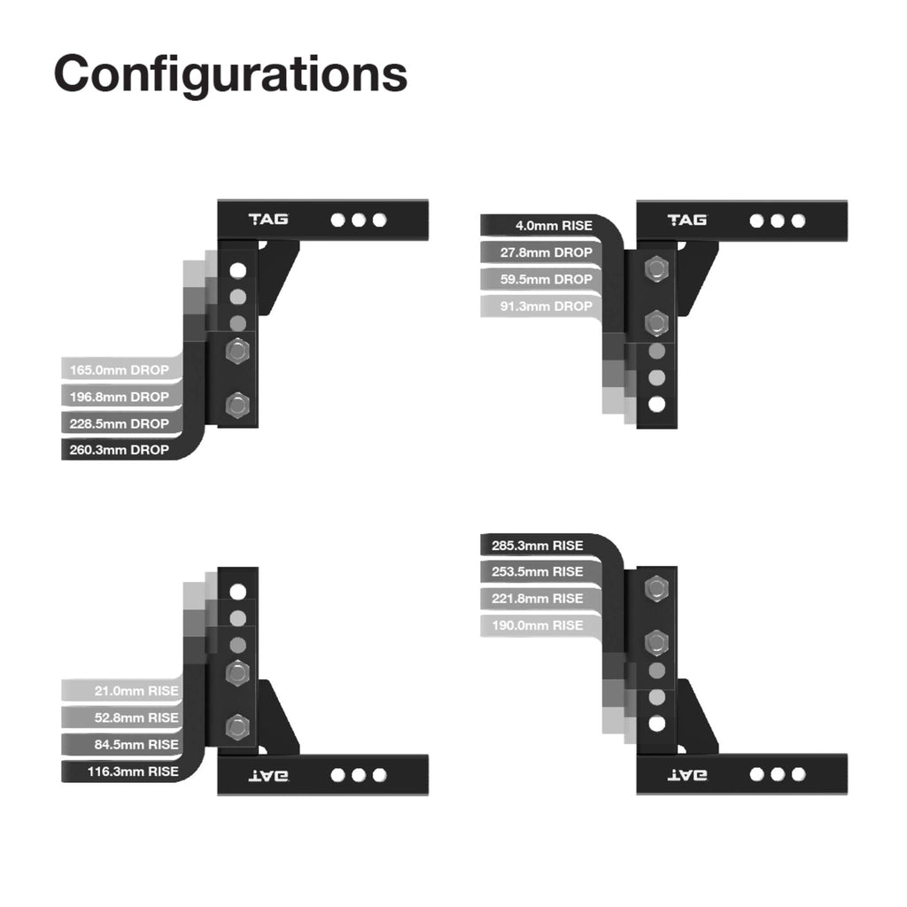 TAG - Adjustable Heavy Duty Tow Ball Mount 90° Face, 50mm Square Hitch - 260mm Drop, 285mm Rise