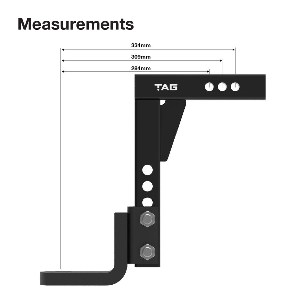 TAG - Adjustable Heavy Duty Tow Ball Mount 90° Face, 50mm Square Hitch - 360mm Drop, 385mm Rise