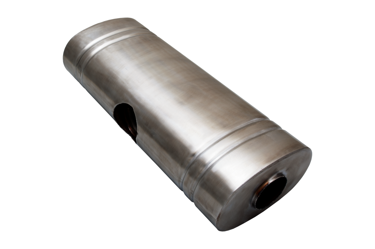 XFORCE - 409 Stainless Steel Oval Muffler 8"x 5" x 20" East West 2.25" centre inlet dual 2" Outlet