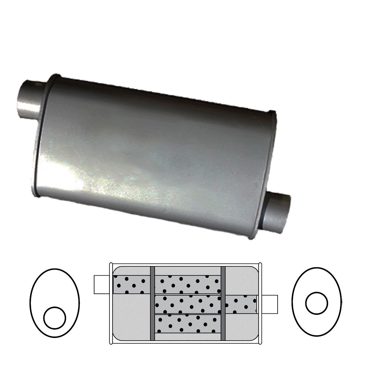 Redback - 2" Universal Muffler Offset/Centre 457x203x101mm Oval Aluminised Triflow With Spigots