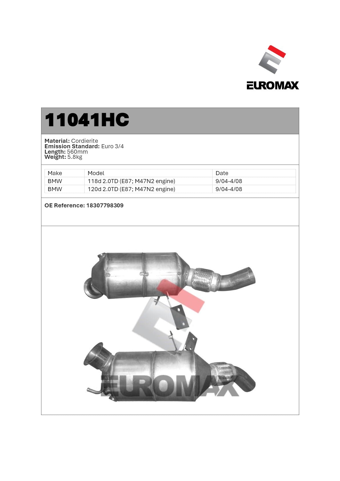 Euromax - BMW 118D,120D,123D 2.0L E87 E88 DPF Diesel Particulate Filter