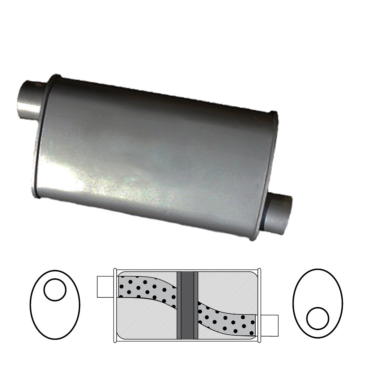 Redback - 2.5" Chambered Muffler Offset/Offset 406x203x101mm Oval Aluminised