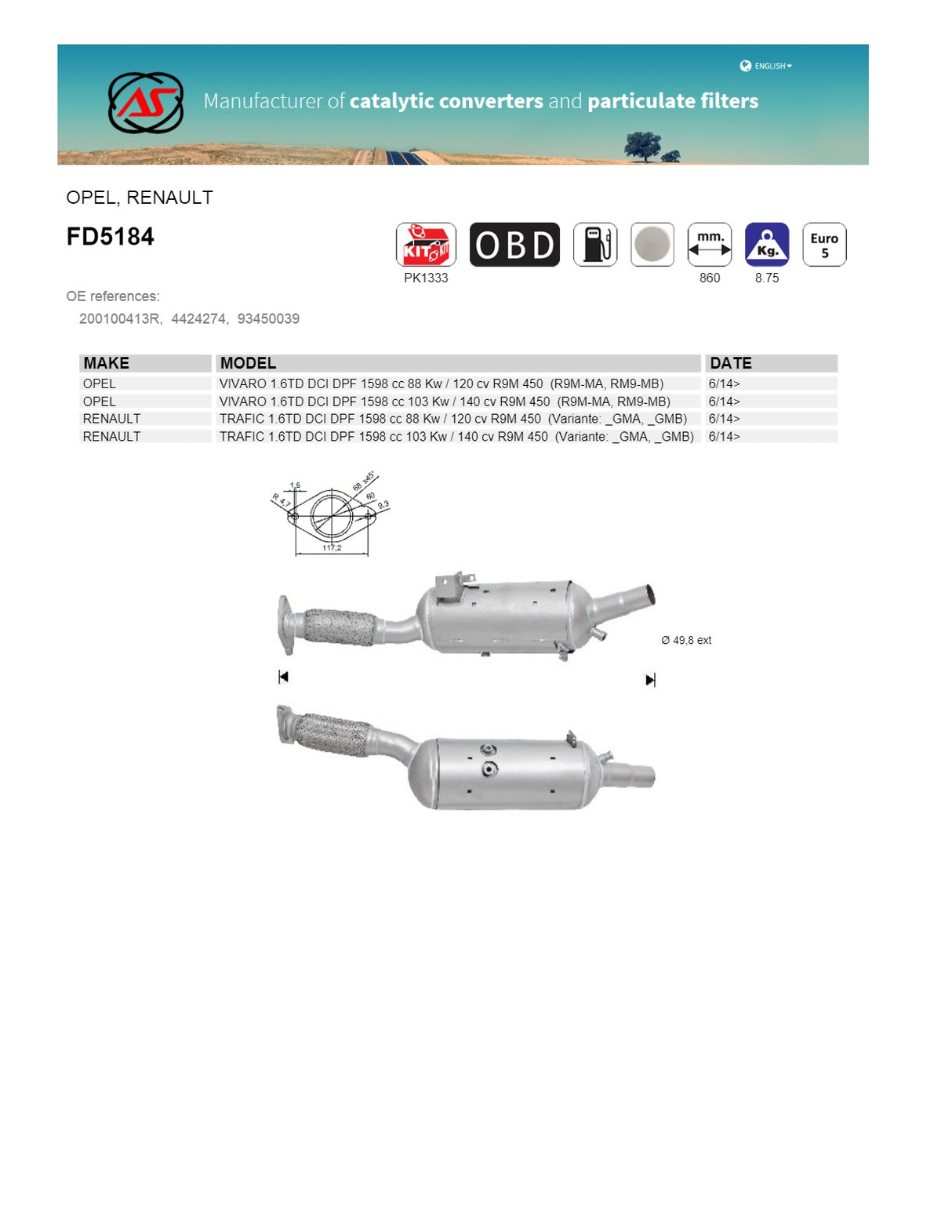 AS Catalysts - Renault Trafic 1.6L R9M 450 DPF Diesel Particulate Filter