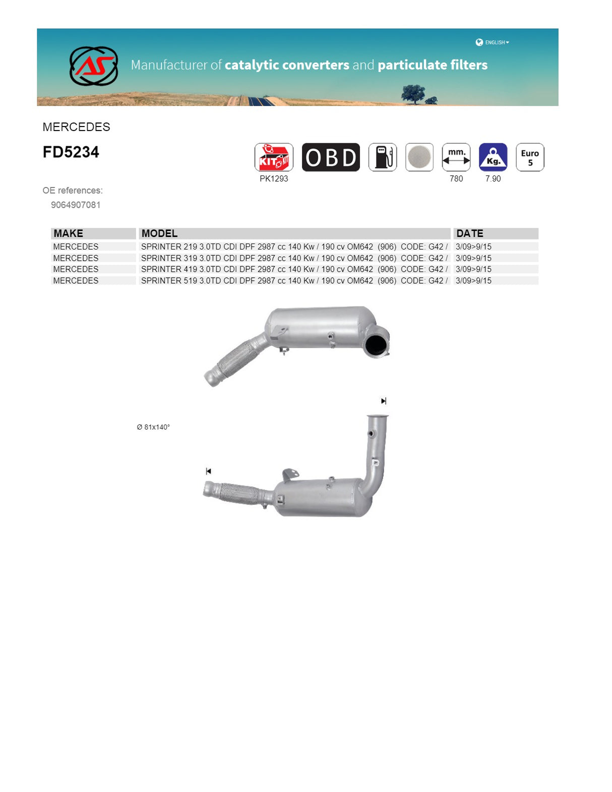 AS Catalysts - Mercedes Sprinter 3.0L (7-Speed Auto) DPF Diesel Particulate Filter