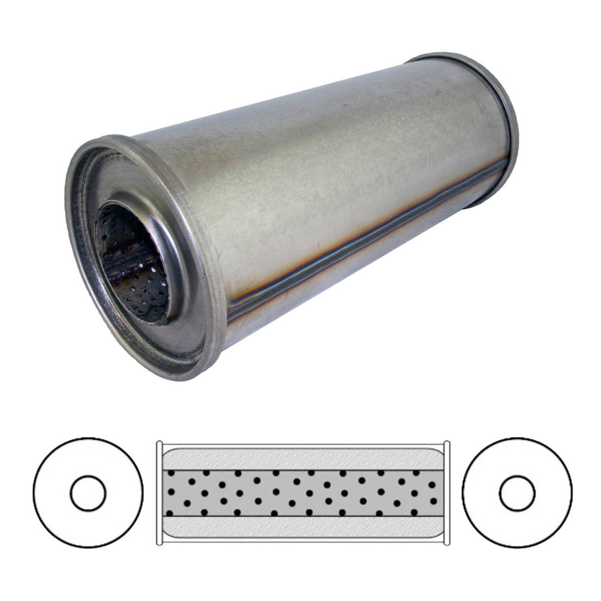 Redback - 5" Round Megaflow Resonator Straight Through 3" Center to Center 12"x5"x5" Round 409 Stainless Steel