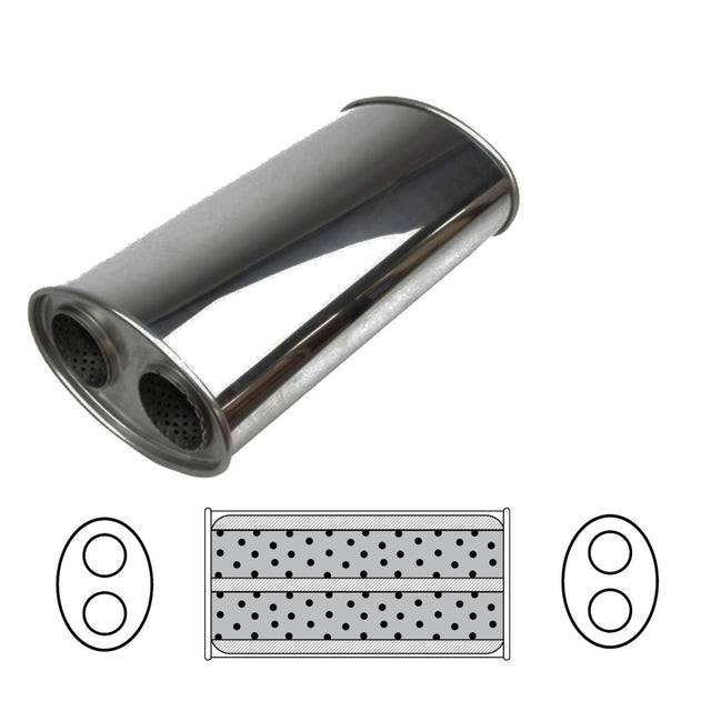 Redback - 3" Universal Muffler Twin In/Twin Out 14"x8"x5" Oval Aluminised Steel