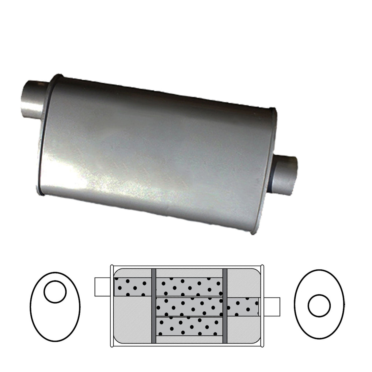 Redback - 2.5" Triflow Universal Muffler Offset/Centre 355x254x101mm Oval Aluminised Steel With Spigots