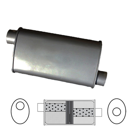 Redback - 2 1/4" Baffled Universal Muffler Offset/Centre 355x203x101mm Oval Aluminised Steel Glass Packed