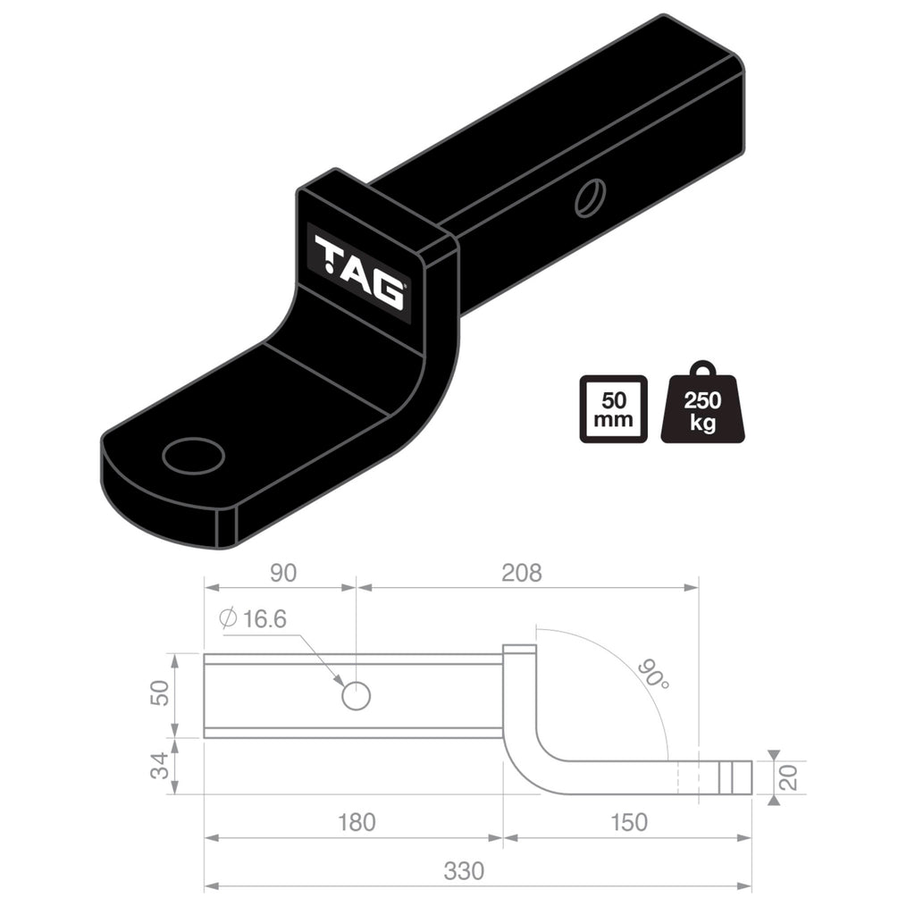 TAG - Tow Ball Mount 208mm Long 90° Face 50mm Square Hitch