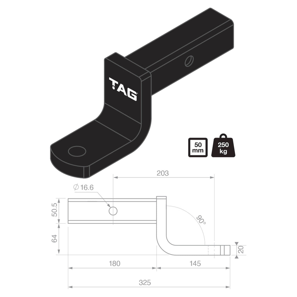 TAG - Tow Ball Mount - 203mm Long, 90° Face, 50mm Square Hitch