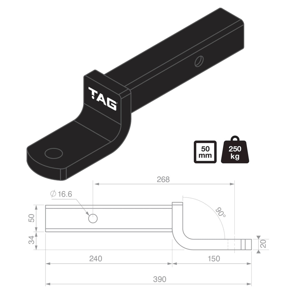 TAG - Tow Ball Mount - 268mm Long, 90° Face, 50mm Square Hitch