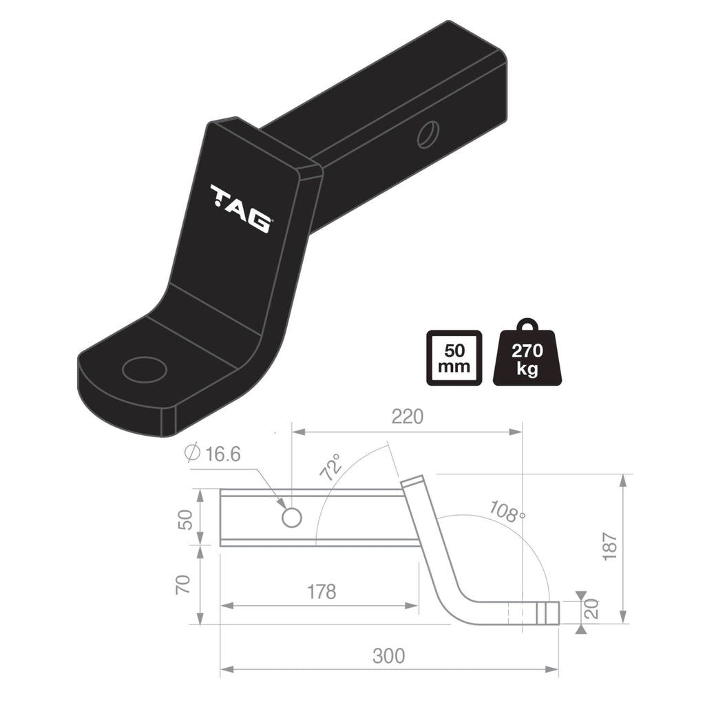 TAG - Tow Ball Mount - 220mm Long, 108° Face, 50mm Square Hitch