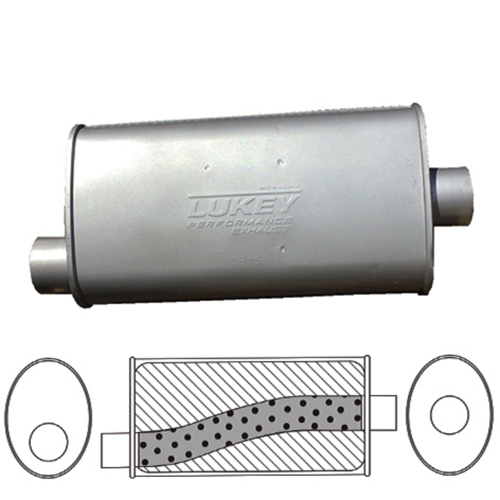 Lukey - 2" ID - Oval Muffler - 14" Long x 8" Wide x 4" High - Offset / Centre - Megaflow Glass Packed - Aluminised