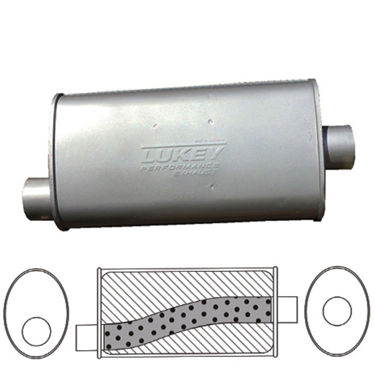Lukey - 2 1/2" ID - Oval Muffler - 16" Long x 8" Wide x 4" High - Offset / Centre - Glass Packed - Aluminised