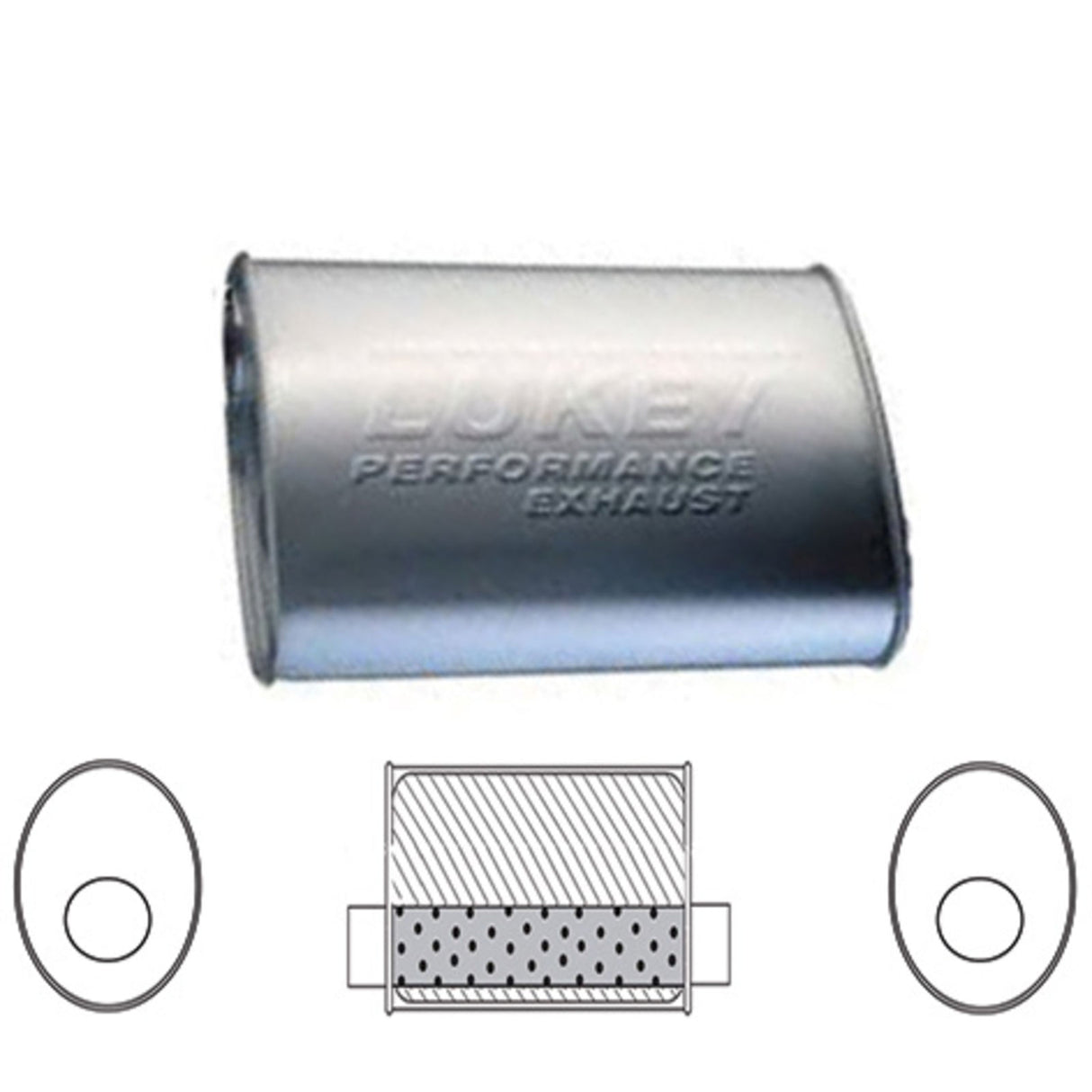 Lukey - 2 1/2" ID - Oval Muffler - 10" Long x 10" Wide x 4" High - Offset / Offset Inline - Megaflow Glass Packed - Aluminised