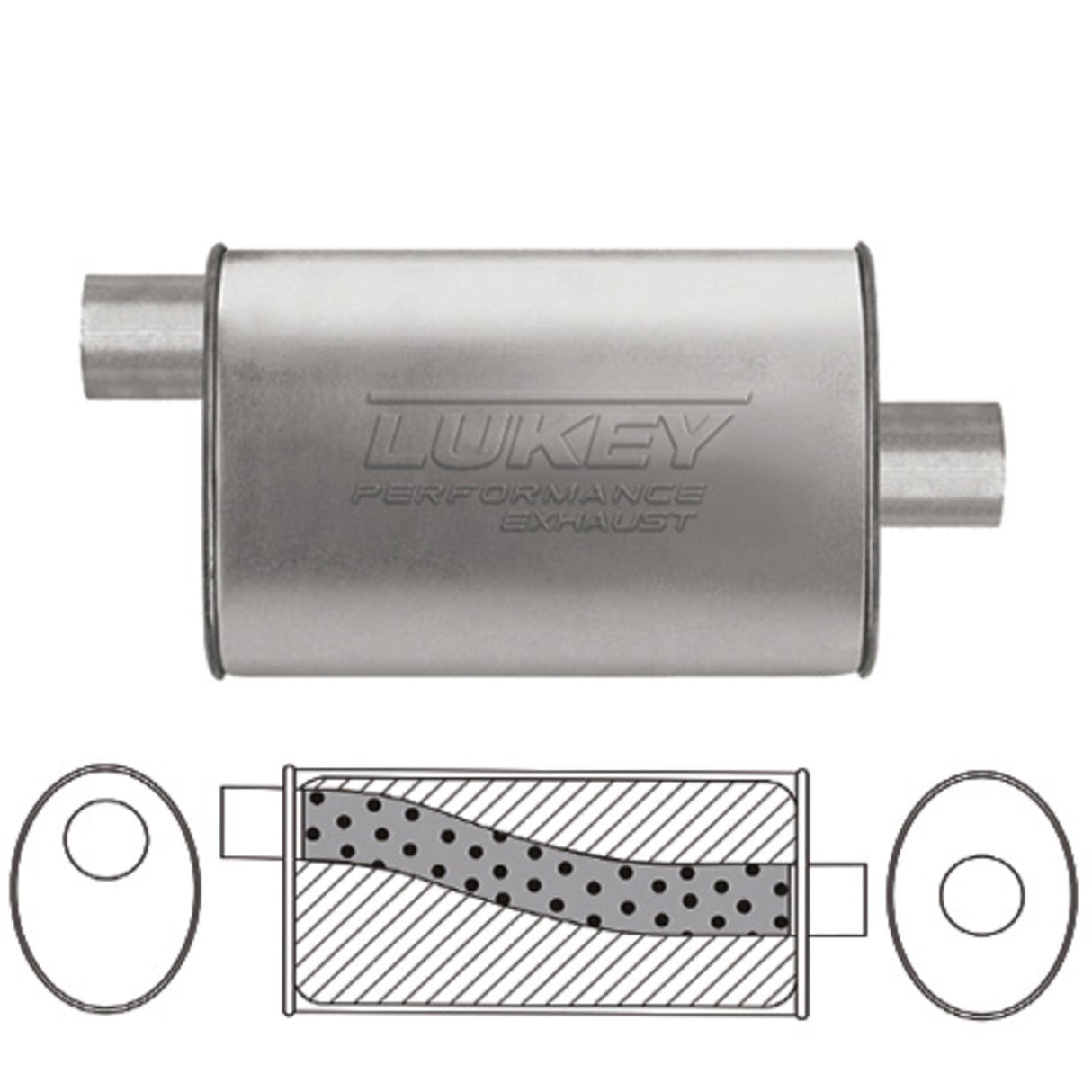 Lukey - 2 1/2" ID - Oval Muffler - 14" Long x 10" Wide x 4" High - Offset / Centre - Megaflow Glass Packed - Aluminised