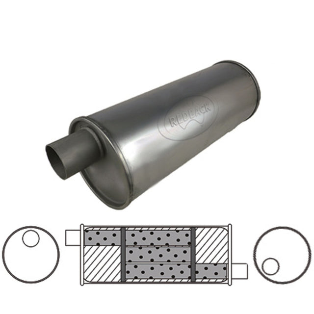 Redback - 2" Universal Muffler Offset/Offset 22"x6" Round Aluminised Steel (Left Hand Rotation Triflow)