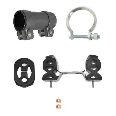 Automotive parts including a black metal bracket, a silver metal bracket, and small metallic components on a white background with 'Fisher Automotive' branding.