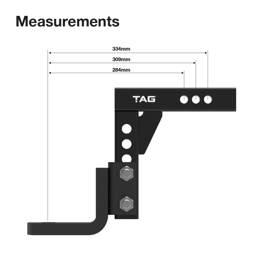 TAG - Adjustable Heavy Duty Tow Ball Mount 90° Face, 50mm Square Hitch - 260mm Drop, 285mm Rise