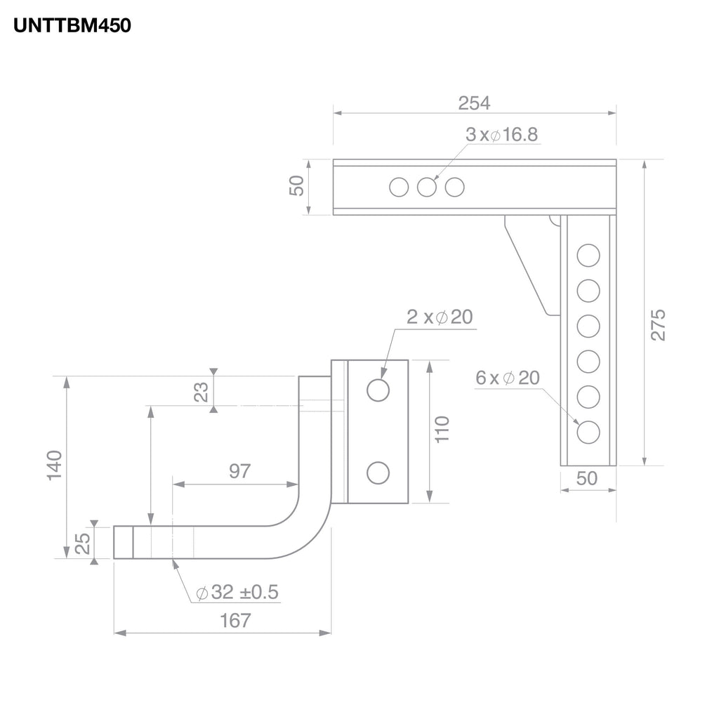 TAG - Adjustable Heavy Duty Tow Ball Mount - 90° Face, 50mm Square Hitch