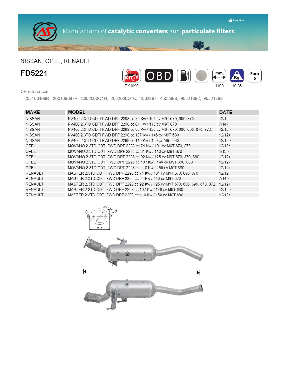 AS Catalysts - Renault Master FWD 2.3L (2/12 Onwards) - 2 Sensor Holes (Not 3) DPF Diesel Particulate Filter