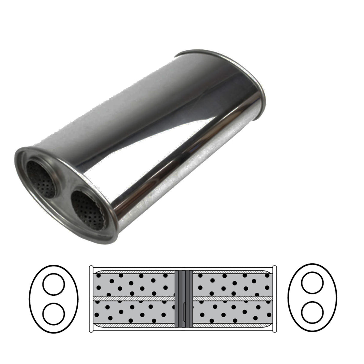 Redback - 2" Universal Muffler Twin In/Twin Out 16"x8"x4" Oval Aluminised Steel