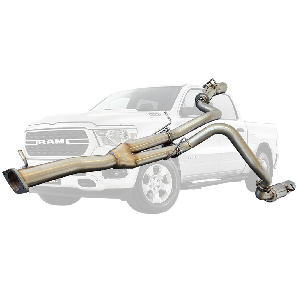 ESA 4X4 - Ram 1500 DT 6.2L Supercharged V8 2021-Present Ute Twin 3" Cat Back Stainless Steel Pipe Only System with 5" Polished Chrome Tips for Limited and Laramie