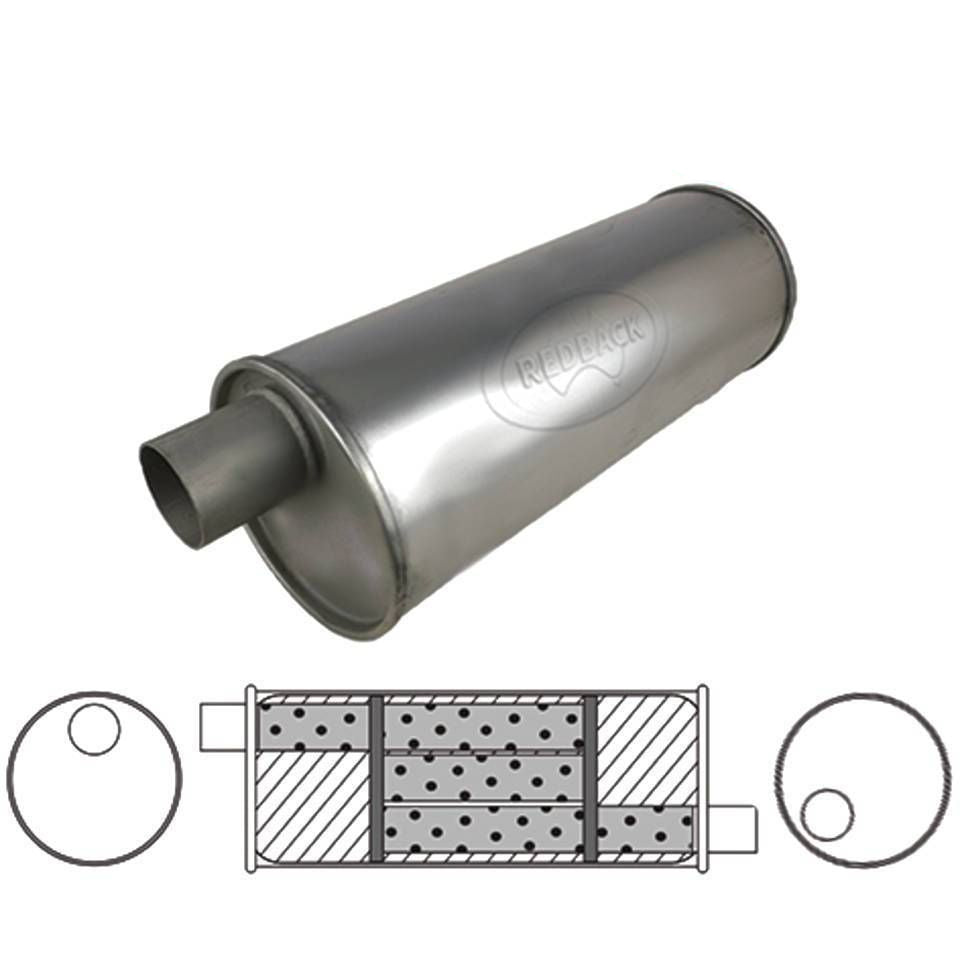 Redback Universal Muffler - 6" Round - 16" Long O/O 1 3/4" Rh Rotation