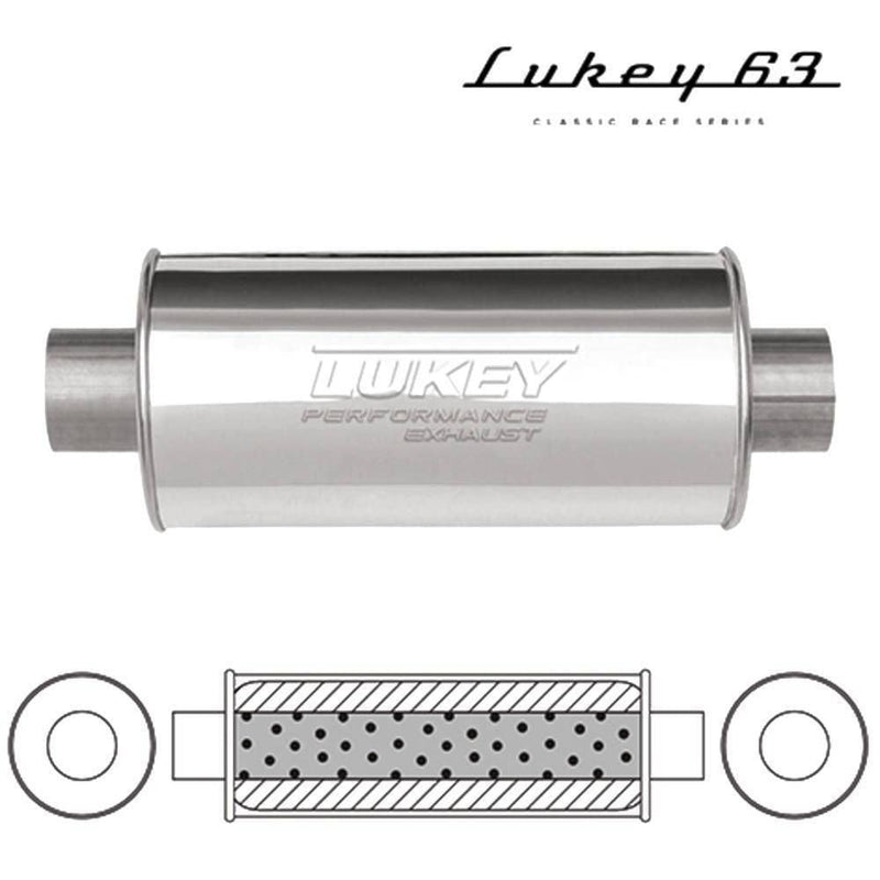 Lukey - 2 1/2" ID - Round Muffler - 14" Long x 6" Round - Centre / Centre - Glass Packed - 409 Polished Stainless Steel