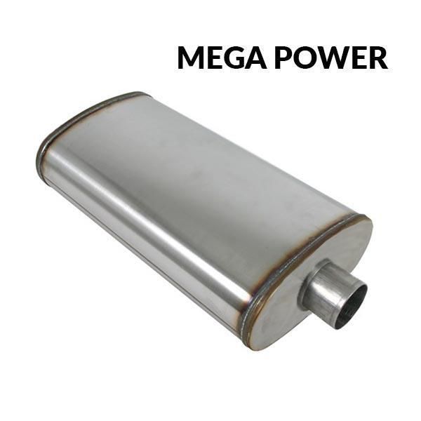 Universal Muffler - 9"X4" Oval, 14" Long, 3", O/C, Spigots, Mega Power, 409 Stainless, Unpolished
